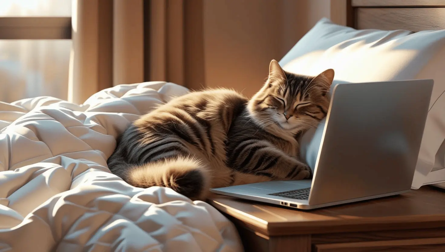 A cat comfortably lying in a cozy bed placed next to a laptop as an alternative resting spot