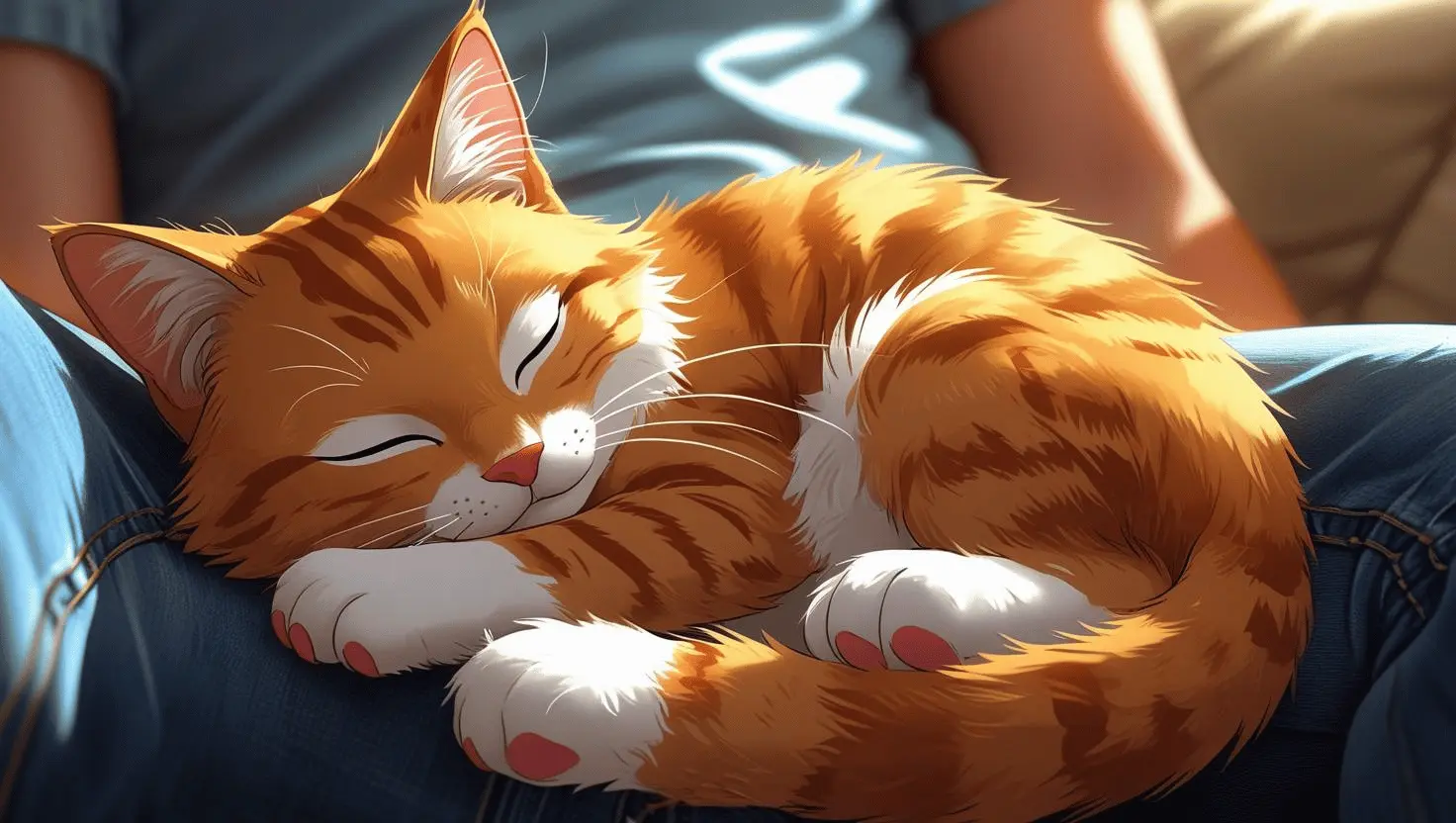 A cat sleeping on its owner’s lap, feeling safe and secure.