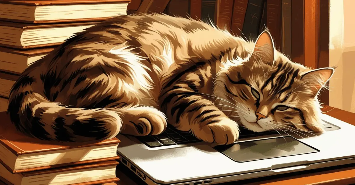 A curious cat sitting on a laptop and books while sleeping , showing playful behavior