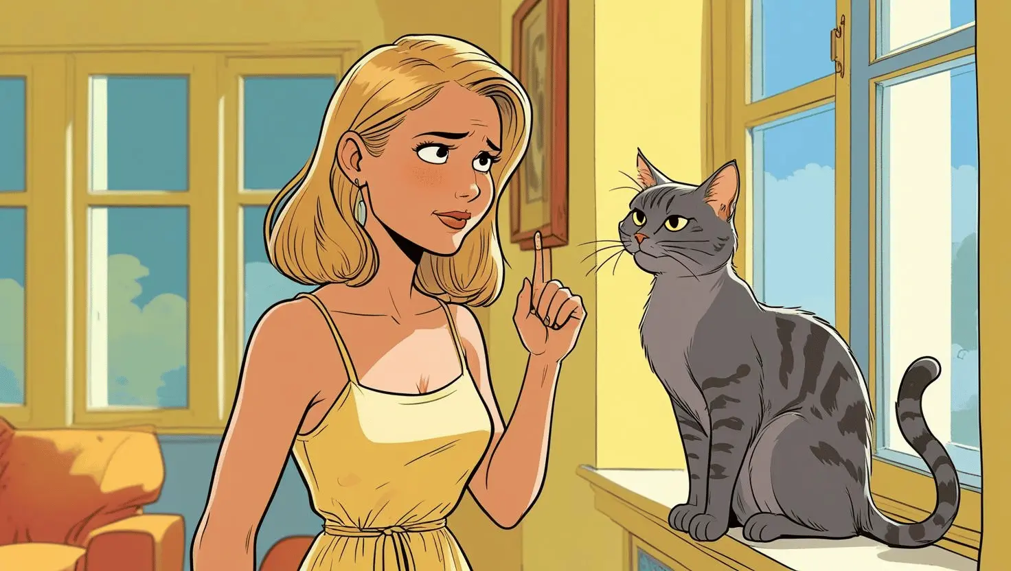 An anxious person fidgeting while their cat watches cautiously