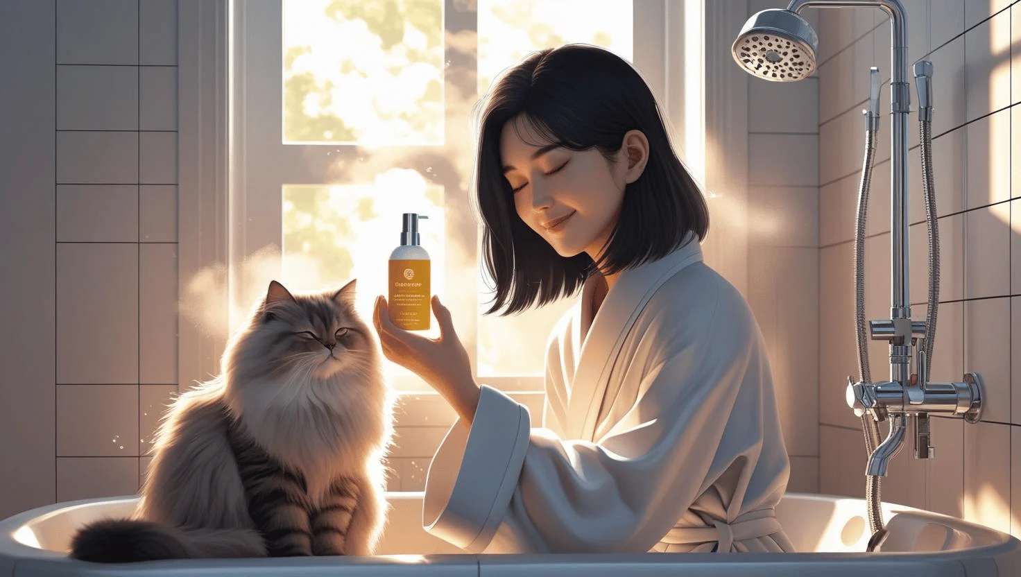 Cat owner using calming pheromone spray before bath