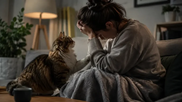 A concerned woman sitting on a sofa while her cat gently reaches toward her during a quiet emotional moment.