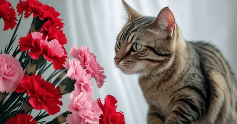 Curious cat sniffing a bouquet of carnations indoors.
