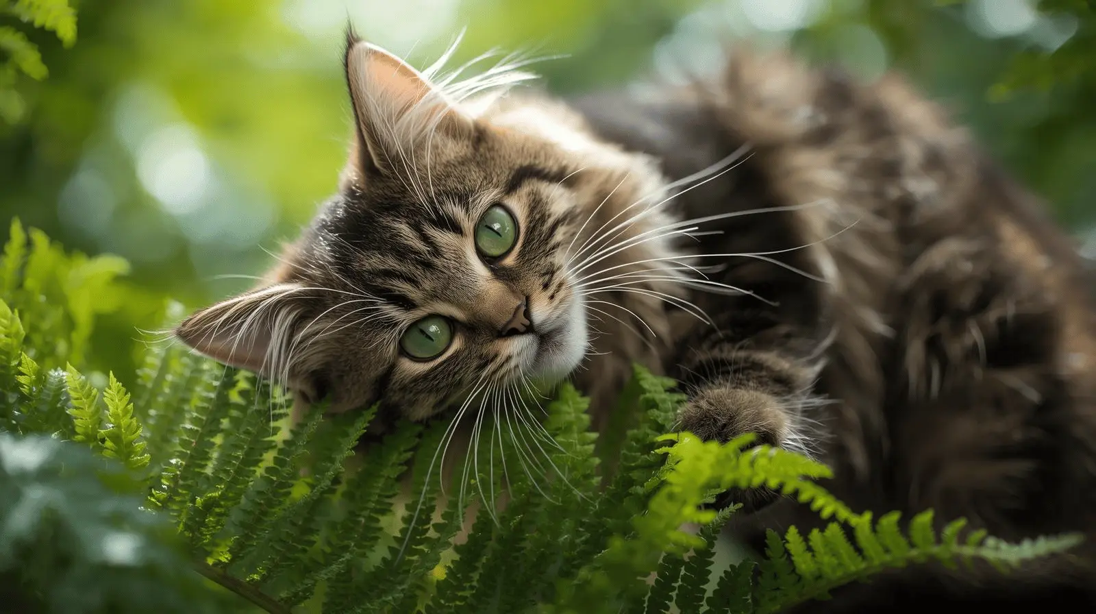 Cat playfully chewing on green leaves of a houseplant