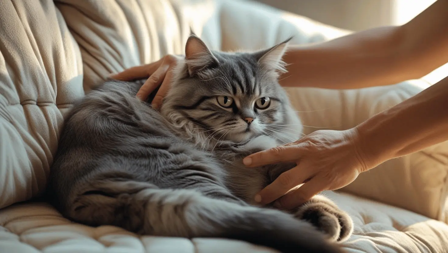 An anxious cat sitting close to its owner’s legs, seeking comfort and reassurance