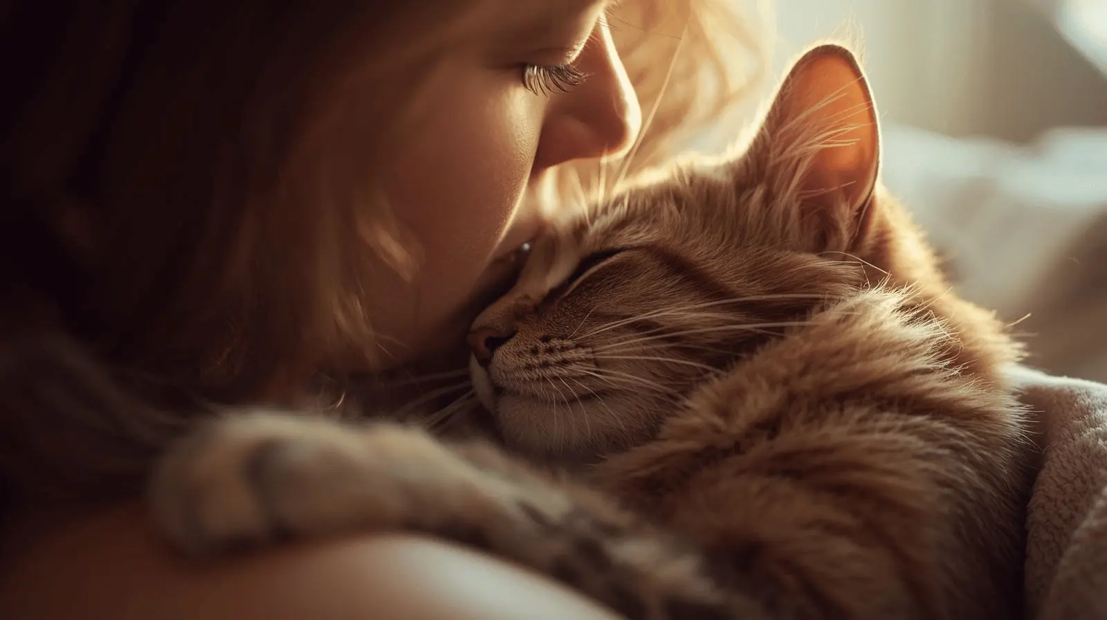 A cat sitting on someone’s lap while they smile and relax.