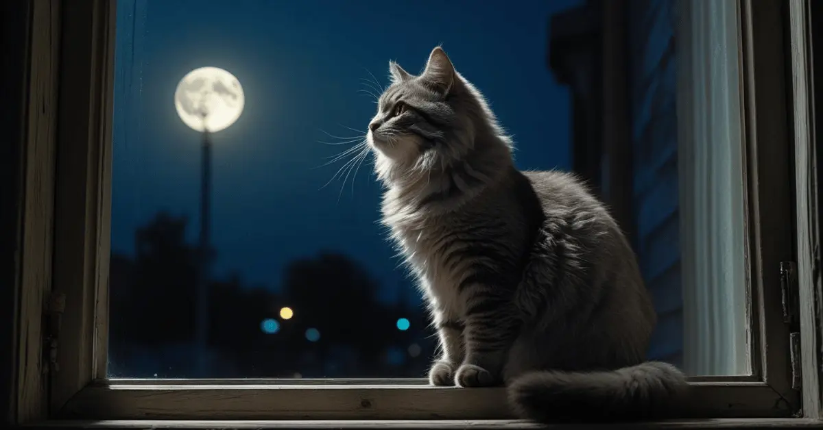 Cat crying like a baby at night while sitting near a window