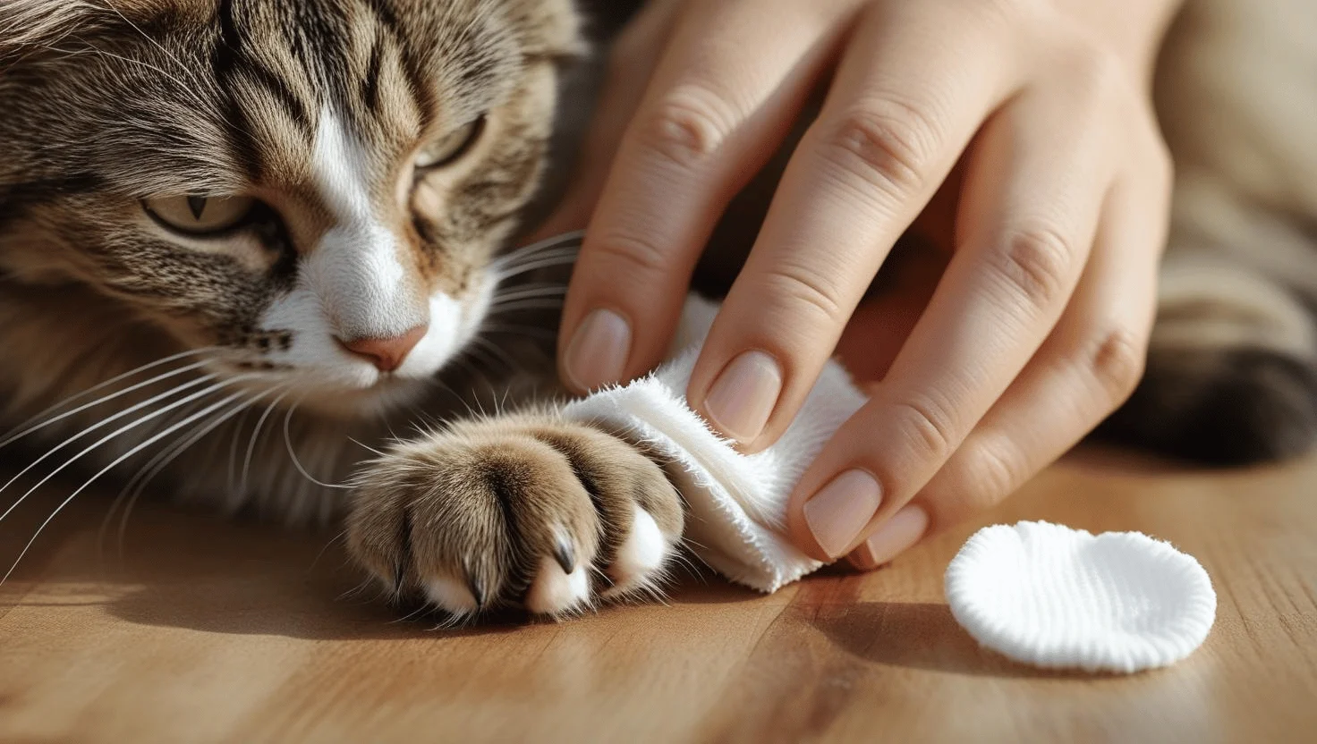 Cat owner cleaning cat’s paw with a soft wipe