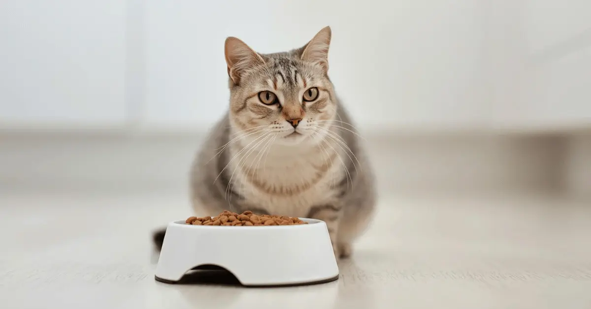 Cat sitting beside a food bowl with dry kibble, looking curious, highlighting common cat feeding mistakes