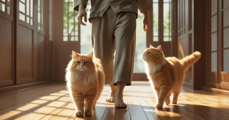 Curious tabby cat following its owner through a cozy living room at home