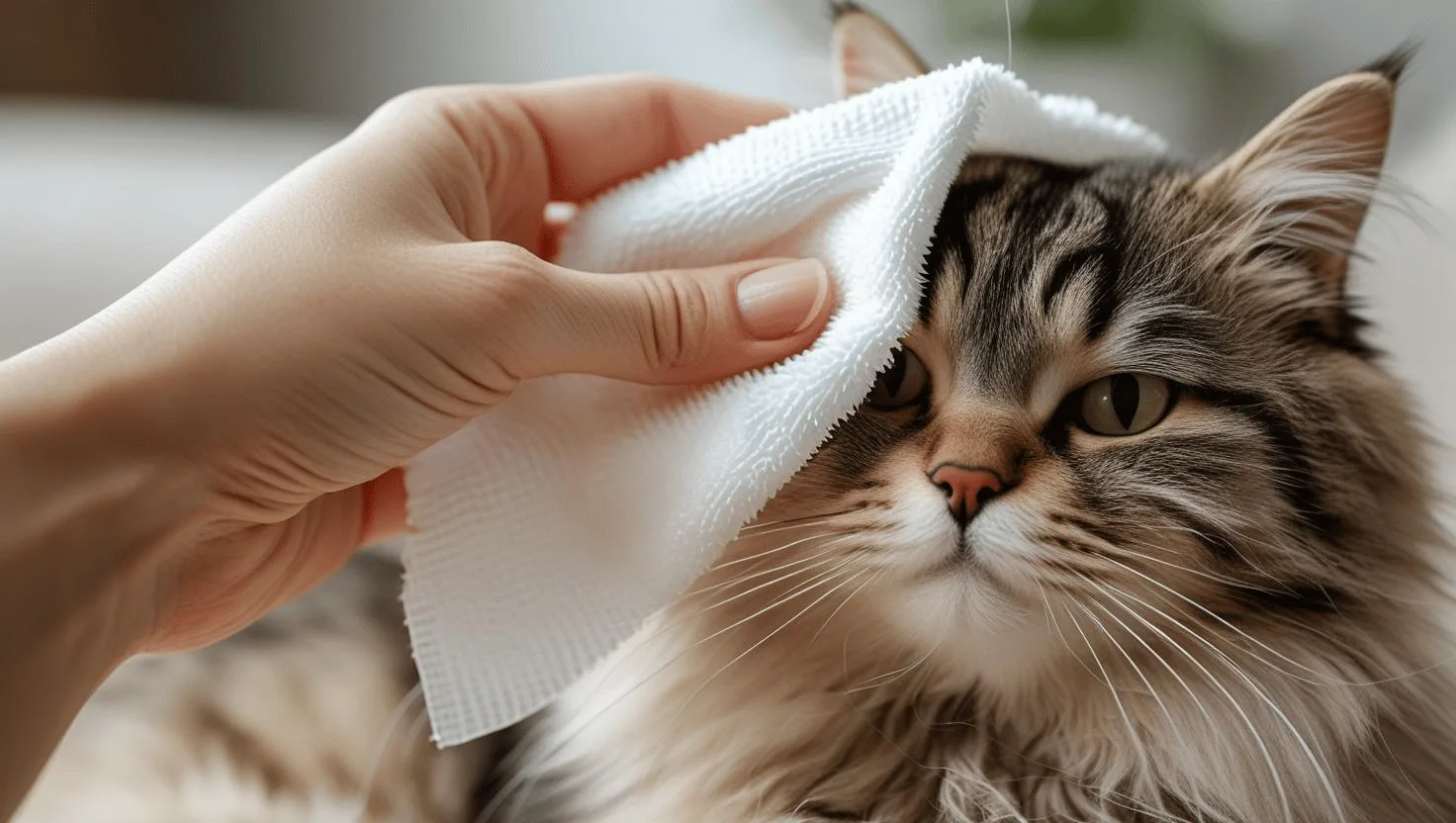 Cat owner using a grooming wipe on a cat’s fur