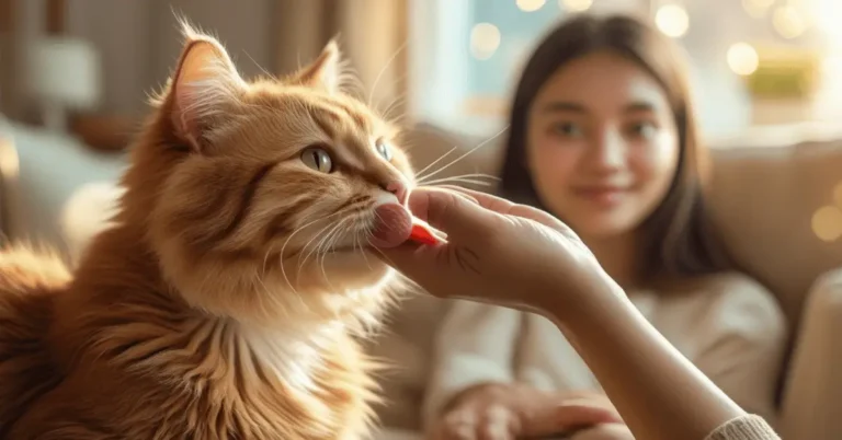 Cat licking owner’s hand affectionately
