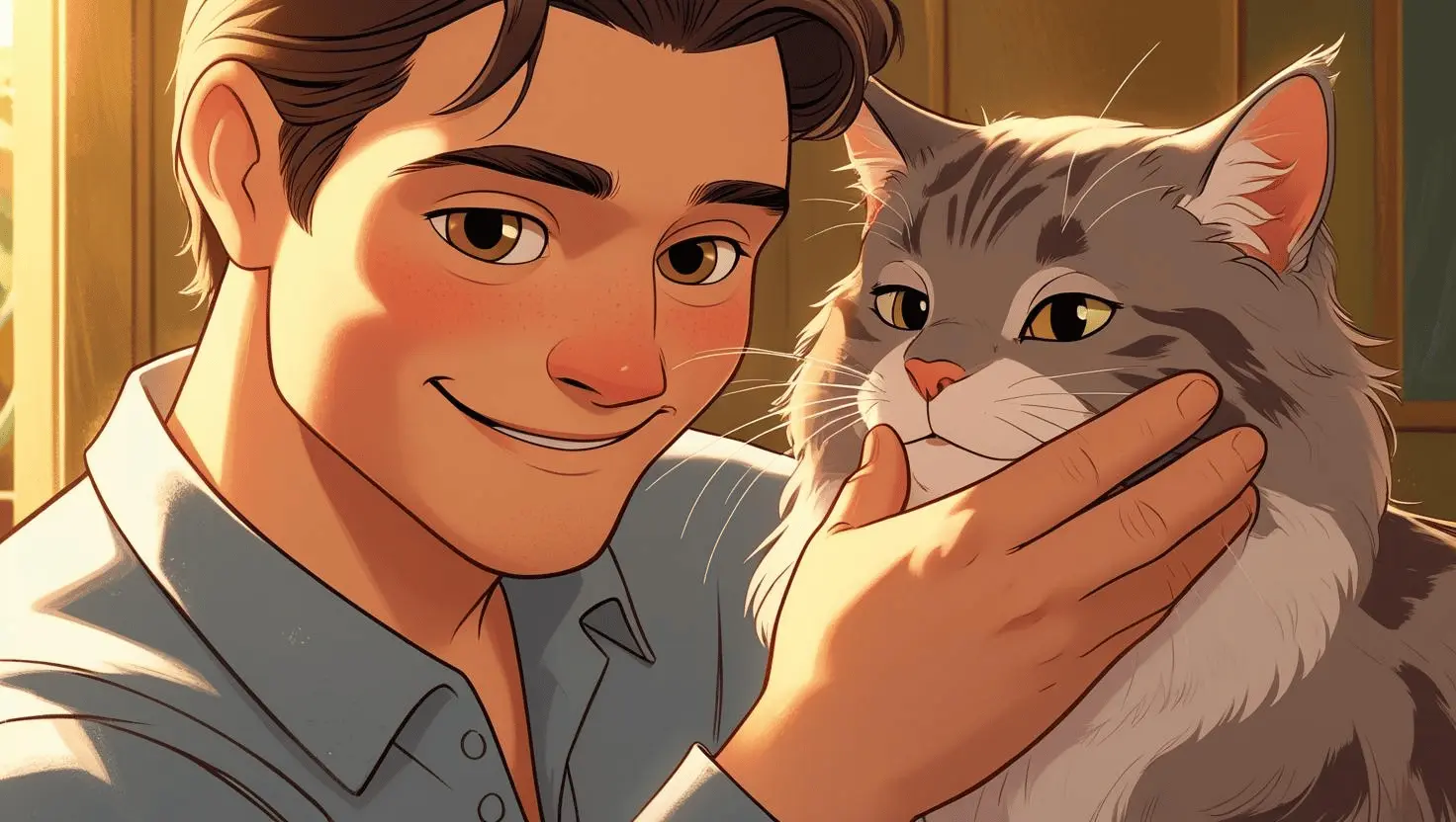 Owner smiling while gently petting their cat, symbolizing mutual emotional support.