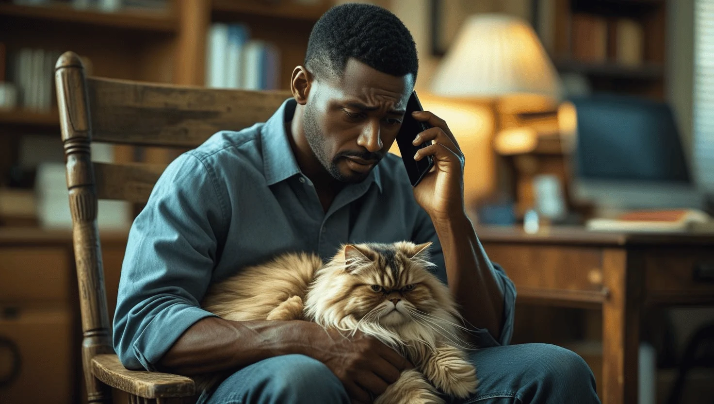 Concerned cat owner on the phone with a veterinarian.