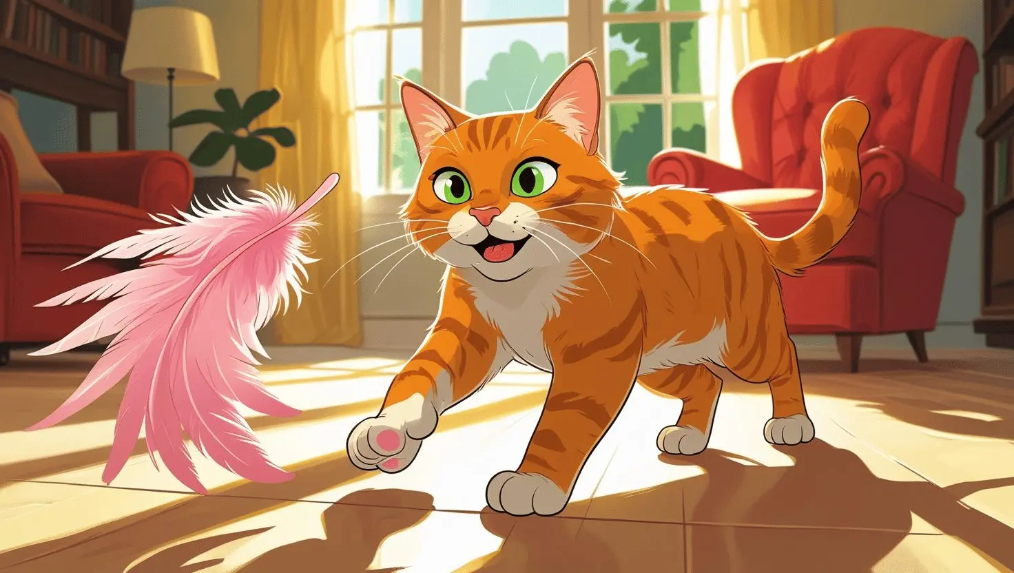 A cat playing with a feather toy to stay active and healthy