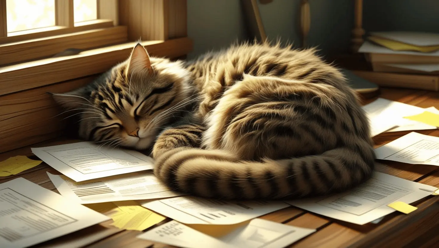 A sleepy cat resting on a pile of papers and books, enjoying warmth and safety