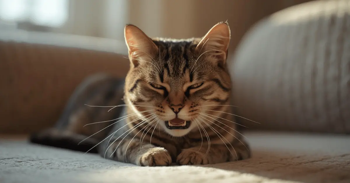 Gray tabby cat sneezing while lying on a cozy couch at home