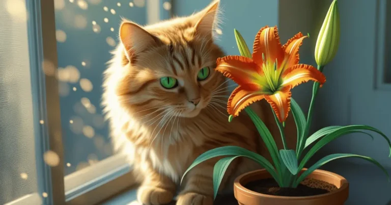 Curious cat sniffing a toxic houseplant on a windowsill, highlighting common dangers for cats.