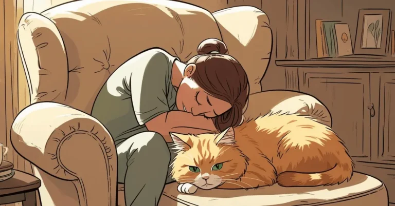 Cat sitting beside a sad and anxious person, symbolizing emotional support.