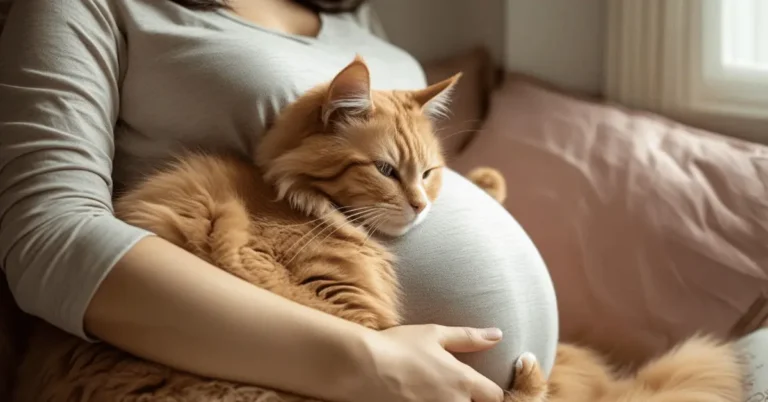 Cat gently cuddling with a sad woman sitting on a sofa