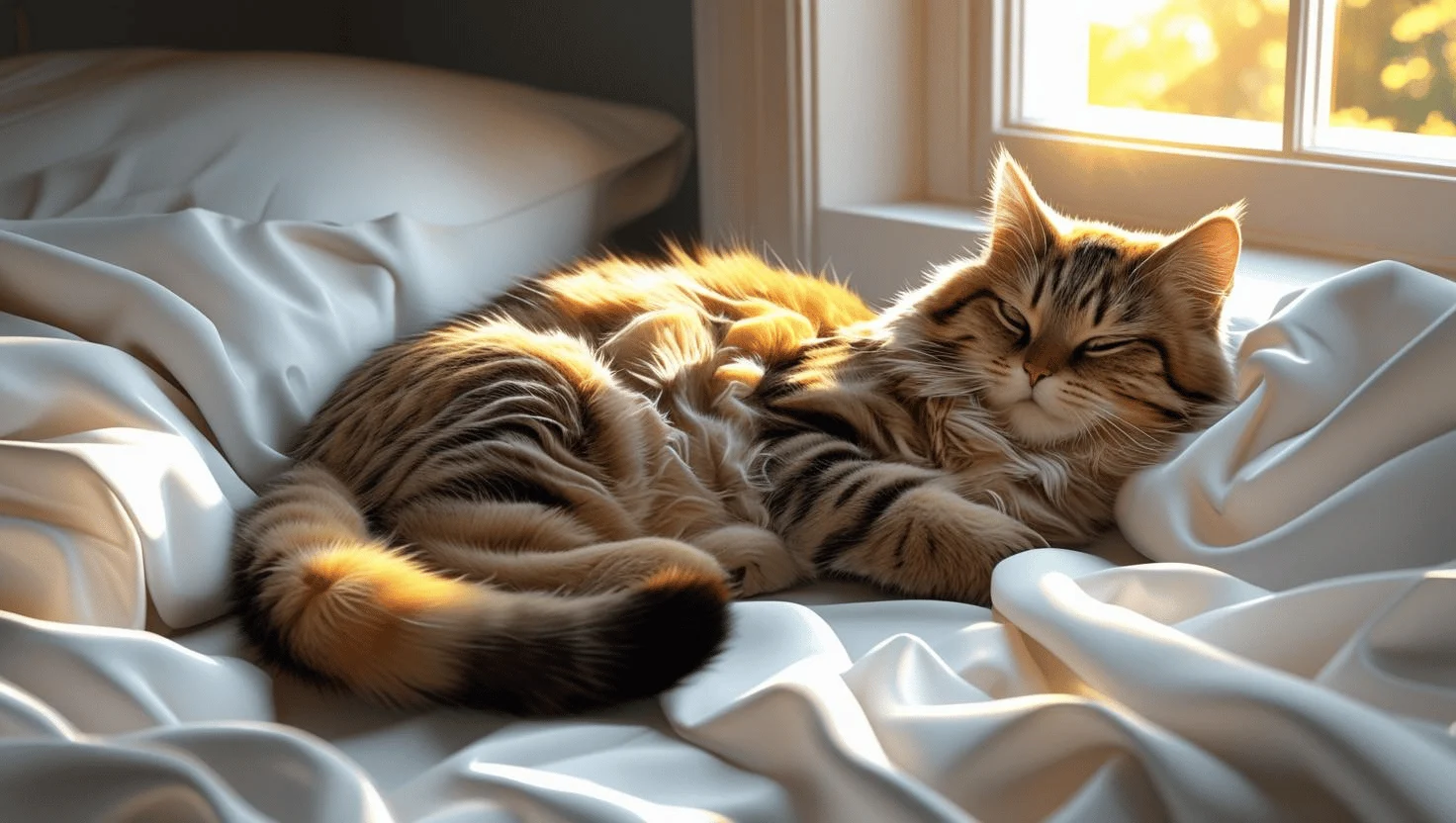 Freshly washed cat bedding placed near a cat