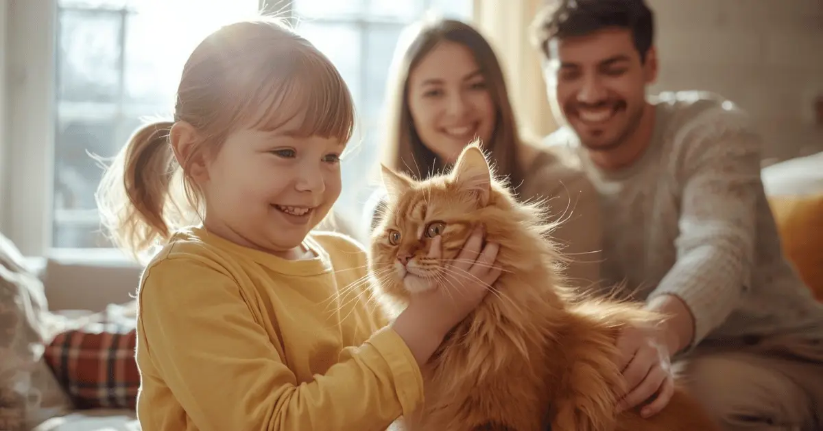 Teenager smiling while holding a cat in a cozy living room with parents nearby.