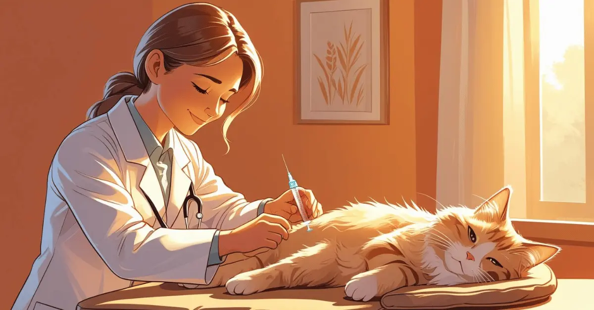 A veterinarian holding a syringe while gently petting a house cat