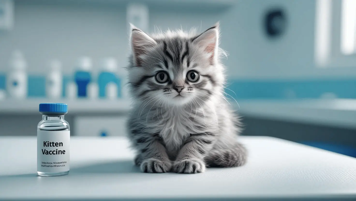A playful kitten being examined by a vet before vaccination