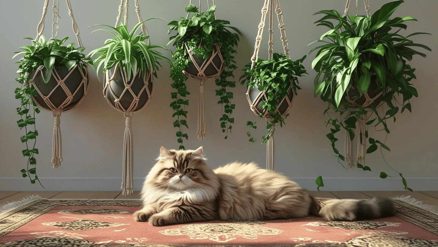 Hanging planters with a cat resting below