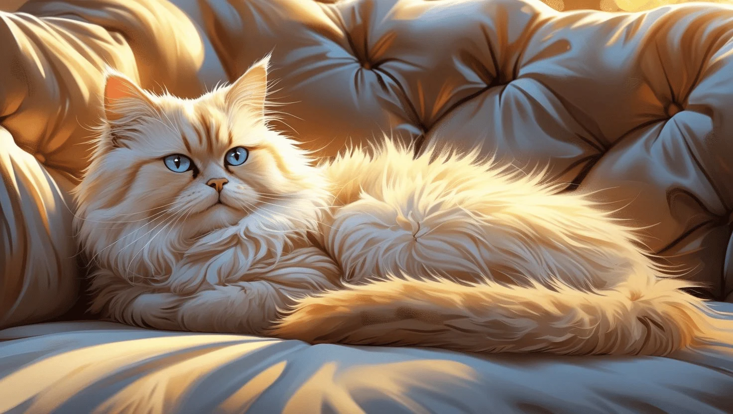 Relaxed cat lying on a bed in a flower-free safe home.