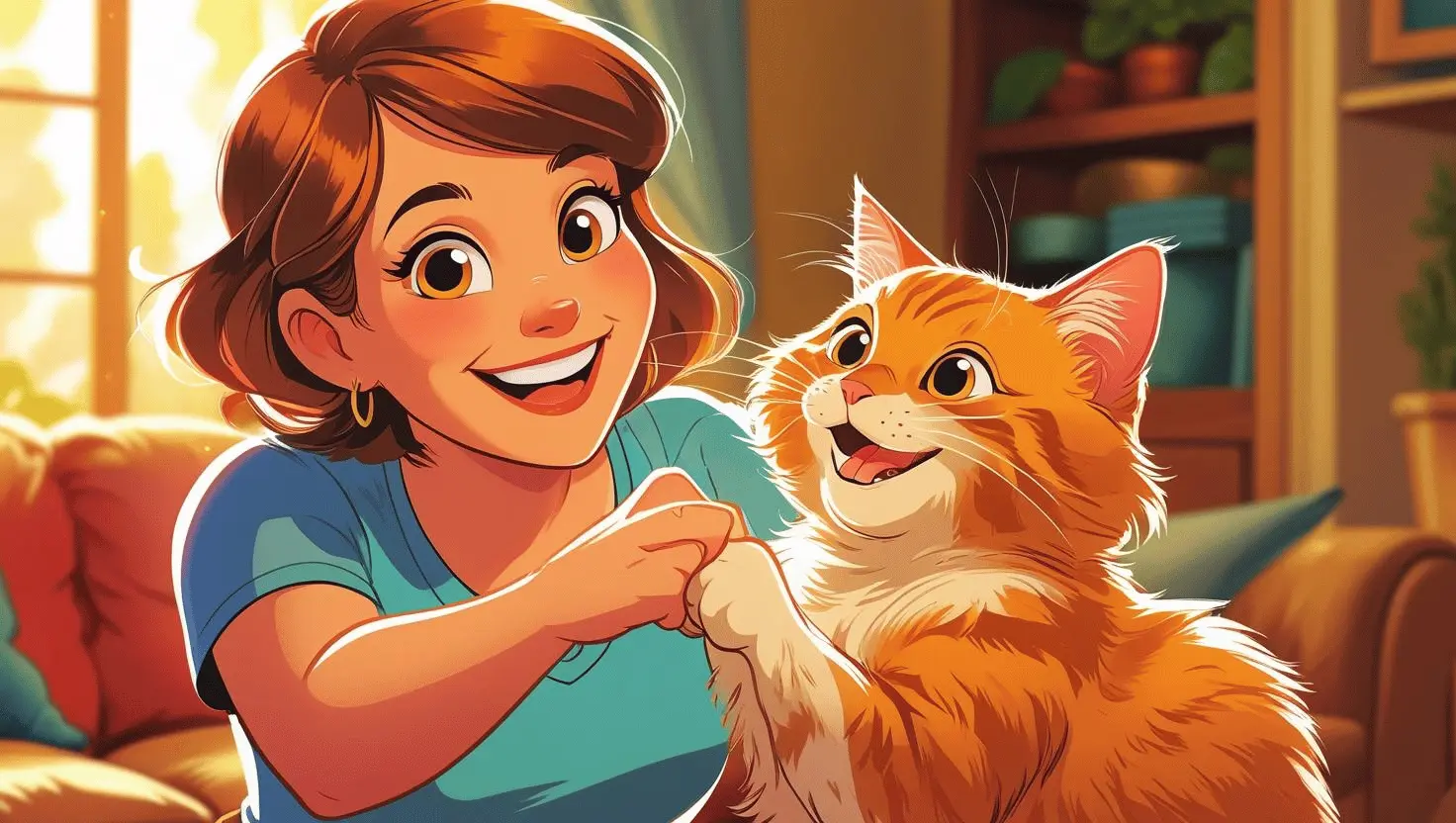 Owner calming a cat crying at night by playing and providing a cozy sleeping space