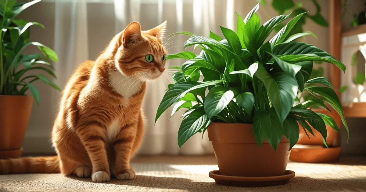 A cat sitting next to a lush prayer plant in a sunlit living room