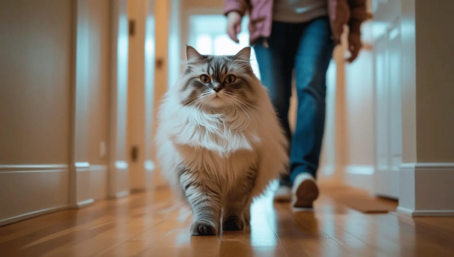 Affectionate Ragdoll cat walking alongside its owner indoors, showing breed loyalty