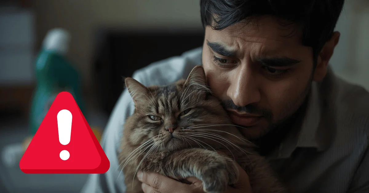 Sick cat showing signs of poisoning being comforted by owner with spilled household toxins in background