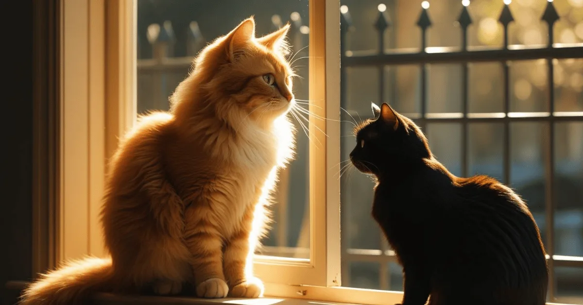 A curious cat looking out a window with another cat visible outside