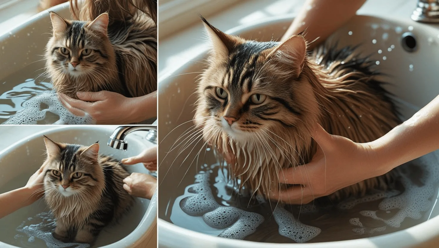 Cat in sink with lukewarm water being rinsed with a cup
