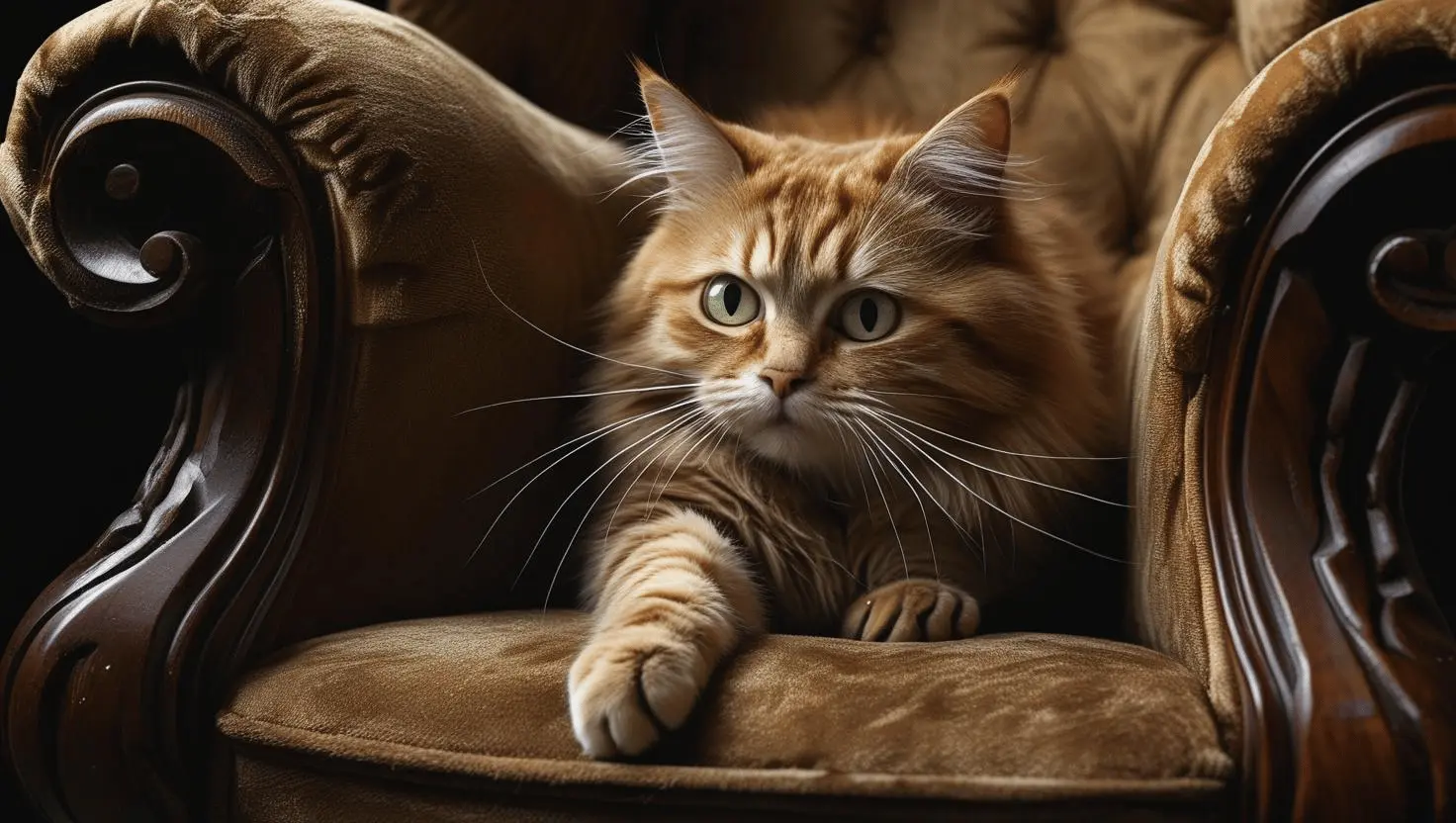 Stressed cat scratching furniture while hiding behind a chair