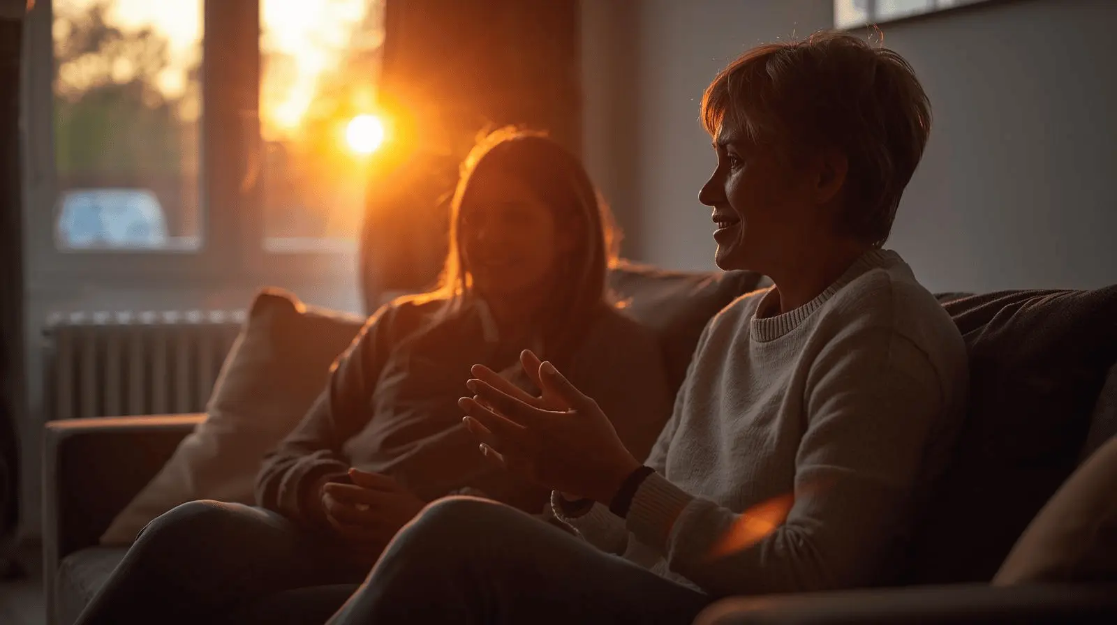 Teenager calmly talking with parents in the living room.
