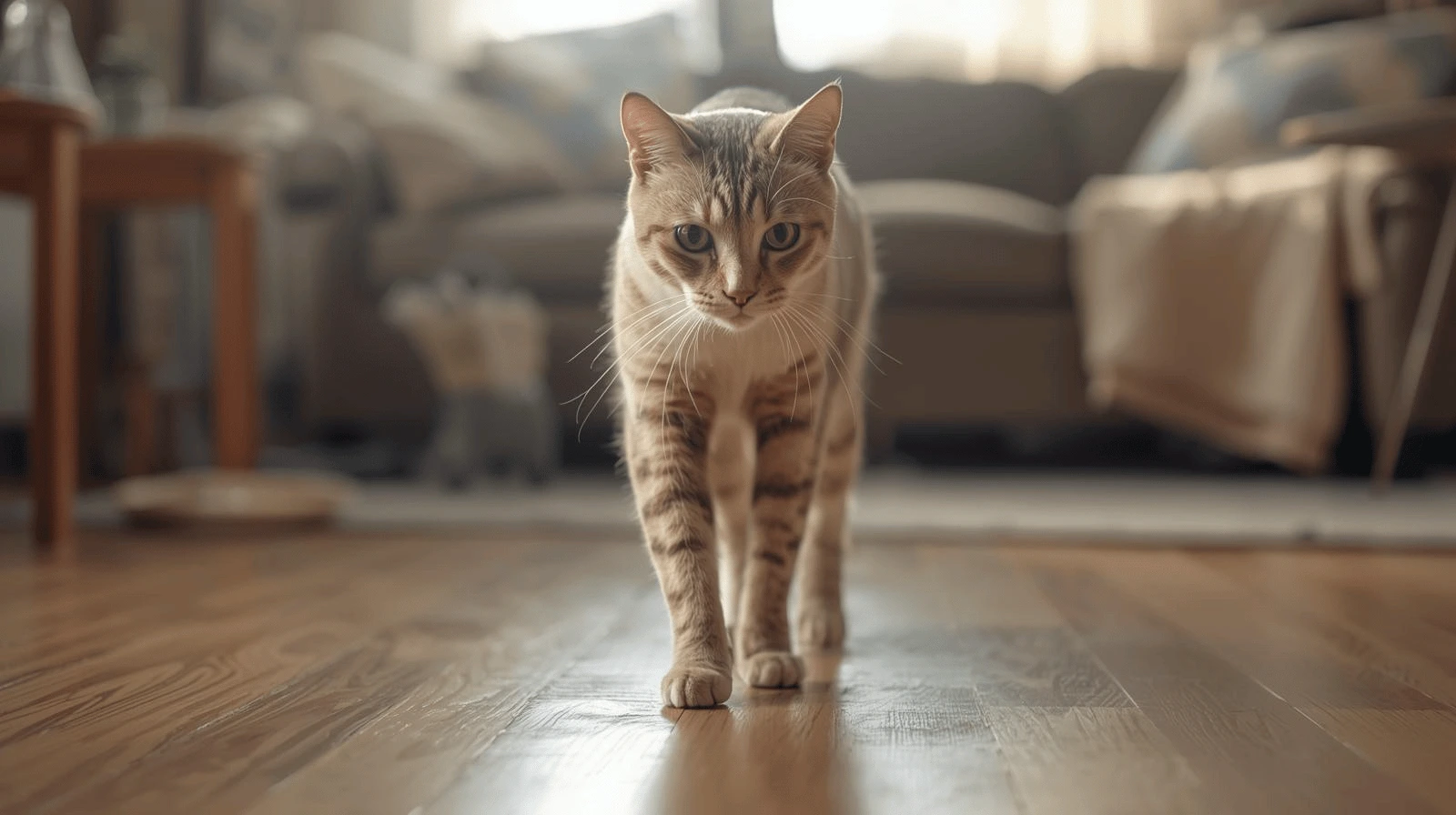 Cat holding up paw while walking on carpet indoors