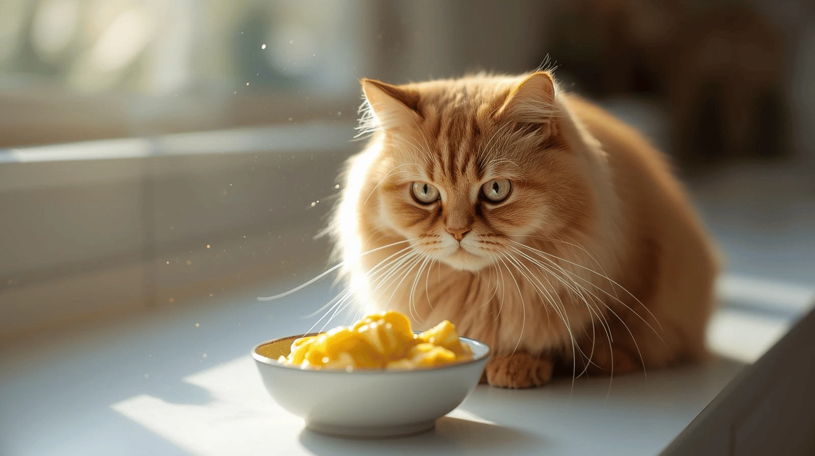 Happy cat eating from a clean bowl with cooked food, symbolizing safe feline nutrition