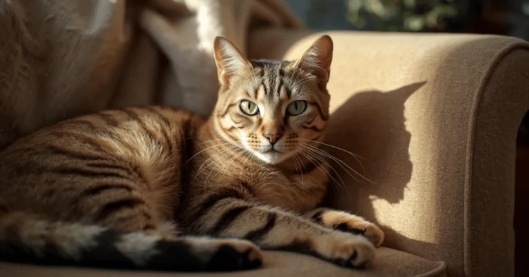 Playful tabby cat with striped fur relaxing on a cozy sofa, showing its curious and affectionate personality