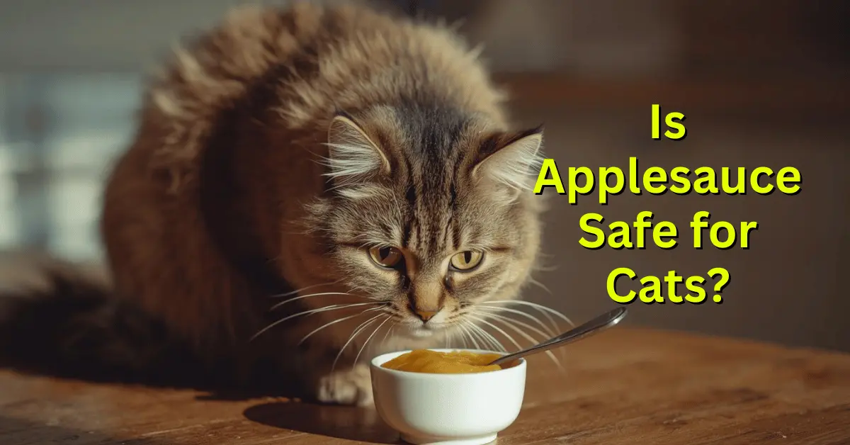 Curious cat sniffing a small bowl of applesauce on a kitchen table