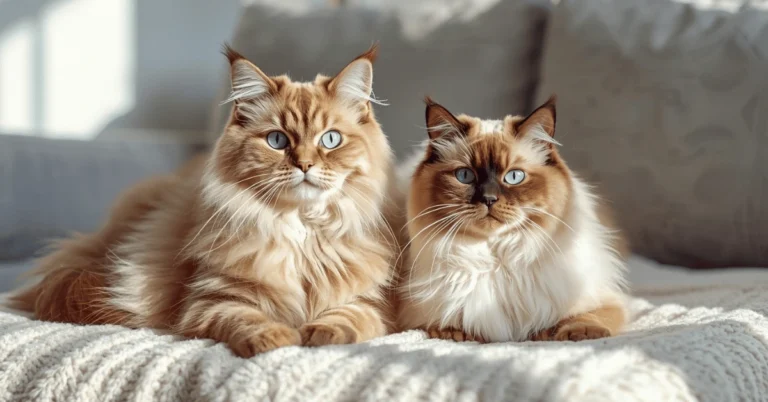 Maine Coon and Ragdoll cats sitting side by side, showcasing their size and coat differences