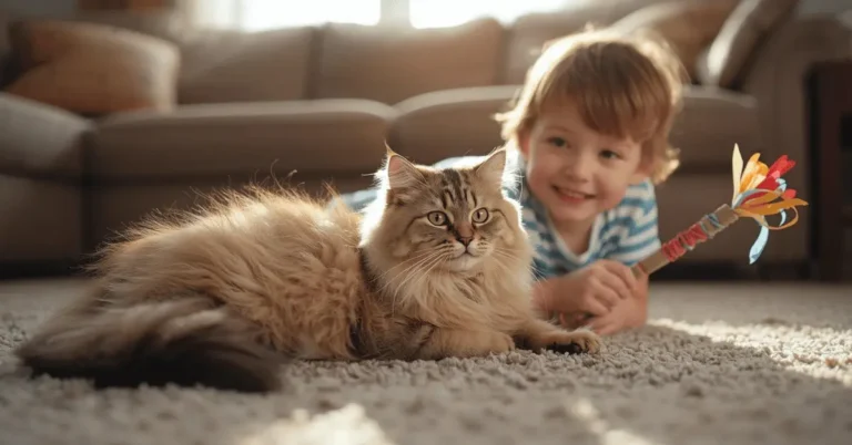 Maine Coon cat playing gently with a smiling child in a cozy living room