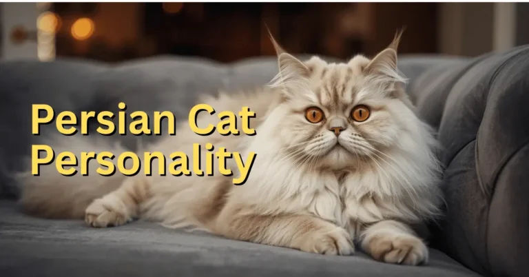 Fluffy Persian cat relaxing on a couch, calmly observing surroundings with gentle eyes