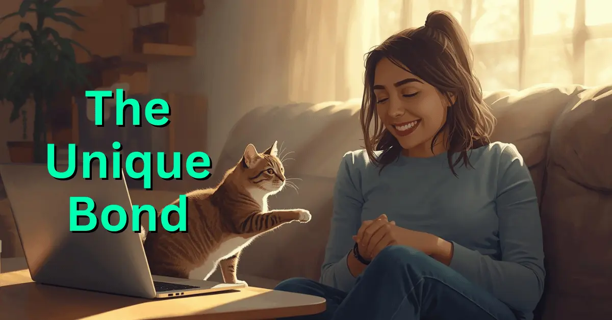 A playful cat sitting on a sofa with its owner, showing the funny and loving moments of cat ownership