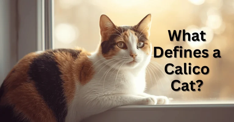 Beautiful calico cat sitting on a window sill, looking curious and alert