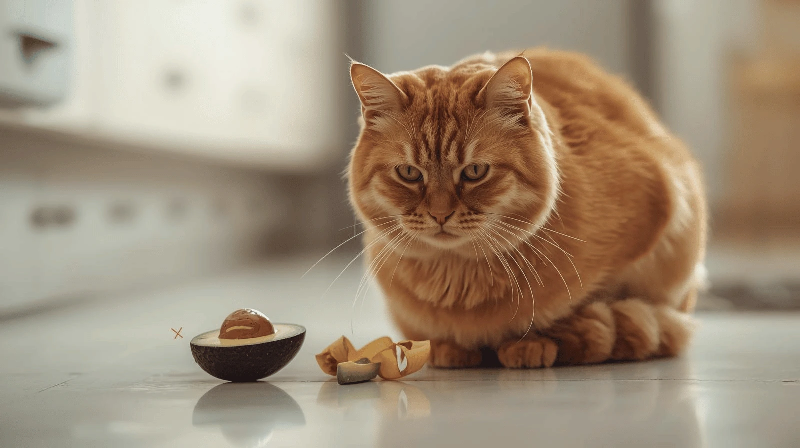 A cat lying on the floor looking sick after eating avocado.