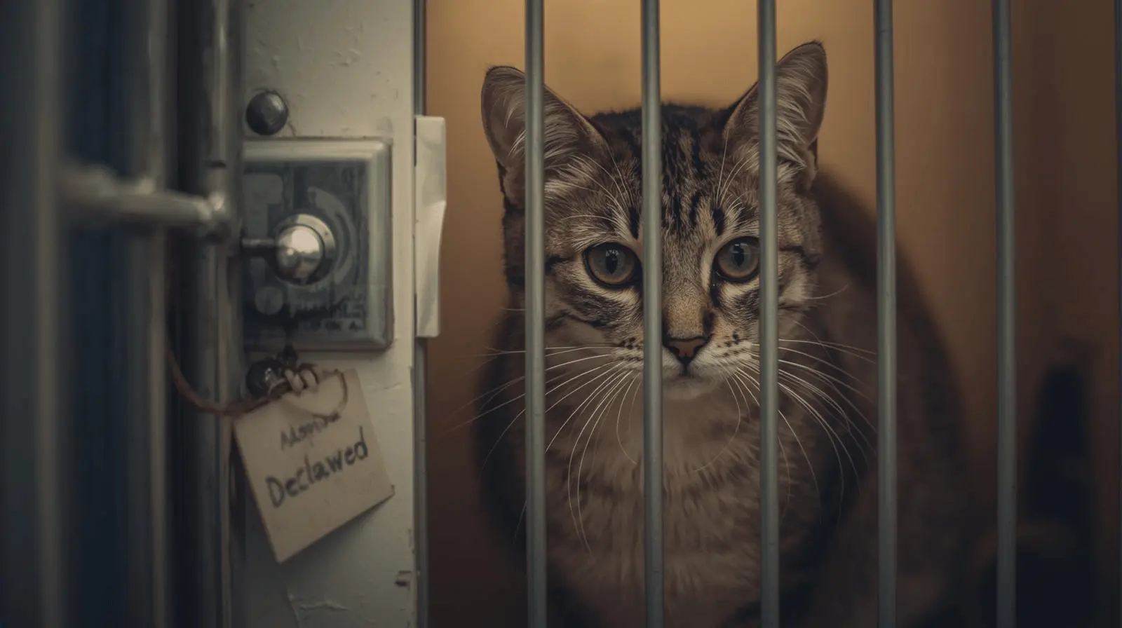 A declawed rescue cat sitting inside an adoption shelter cage looking out hopefully
