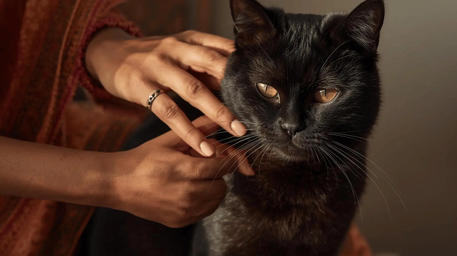 Owner gently brushing a black cat’s shiny coat, showing grooming and care